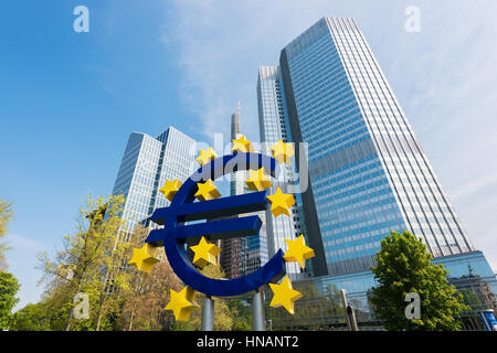 Frankfurt, Germany - May 1, 2016: Euro sign in Frankfurt am Main, Germany. Frankfurt is the largest city in the Germany state of Hesse Stock Photo