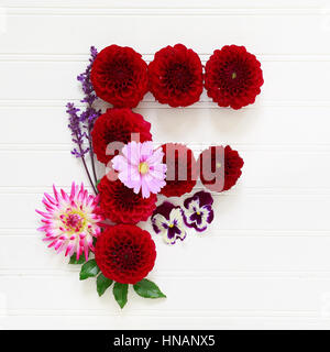 The letter F made out of garden flowers such as pansies, dahlias, cosmos, and salvia. Stock Photo