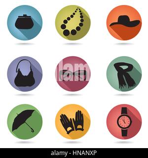 Female accessories silhouette set. Hipster icon collection. Buttons set. Stock Vector