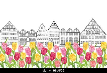 Old buildings and houses in Amsterdam with flower tulips alley. Seamless background. Stock Vector