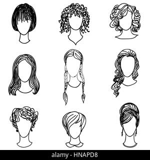 Cute girl faces collection. Women avatars set. Handsome characters flat design. Hand drawn sketch design. Stock Vector
