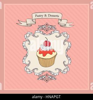 Vintage Cakes Bacground. Retro Bakery Label. Sweets and Desserts Menu. Vector Poster. Stock Vector