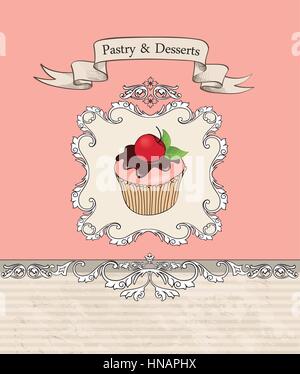 Vintage Cakes Bacground. Retro Bakery Label. Sweets and Desserts Menu. Vector Poster. Stock Vector