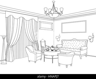 Interior outline sketch. Furniture blueprint. Architectural design. Living room Stock Vector