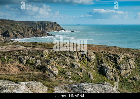 A view of Porthgwarra Cove from Gwennap Head in Cornwall. Stock Photo