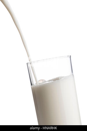pouring milk into a glass, on white background Stock Photo