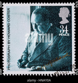 UNITED KINGDOM - CIRCA 1985: A used postage stamp printed in Britain celebrating British Film Year showing Famous Movie Director Alfred Hitchcock Stock Photo