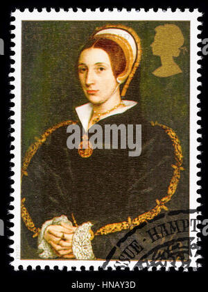 UNITED KINGDOM - CIRCA 1997: used postage stamp printed in Britain commemorating King Henry 8th showing Catherine Howard one of his many Wives Stock Photo