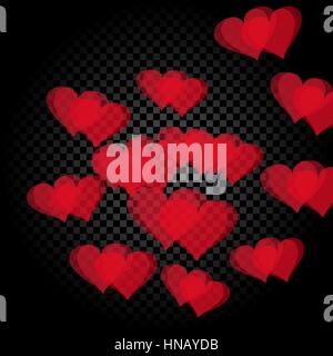 Red heart translucent arranged in a spiral shape. Gradient Checker background. Valentine's Day. illustration Stock Vector