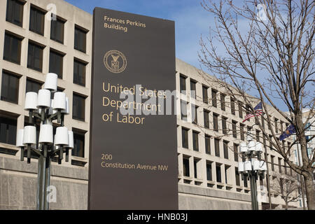 US Department of Labor building, exterior, sign foreground, Washington DC, Constitution Avenue. Francis Perkins Building. Stock Photo