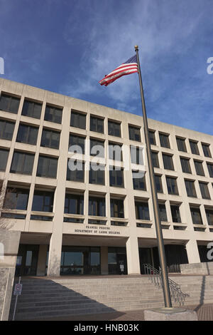 US Department of Labor building, sign over entrance, exterior, Washington DC, Constitution Avenue. Francis Perkins Building. Stock Photo