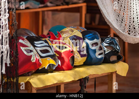 Mexican fighting masks sold as souvenirs in Tulum Stock Photo