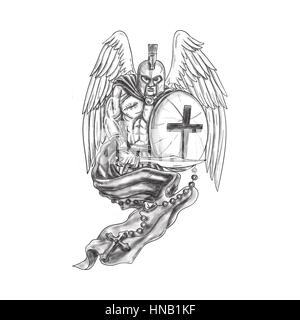 Tattoo style illustration of a wounded spartan warrior angel wearing helmet holding sword and shield draped with rosary viewed from front set on isola Stock Photo