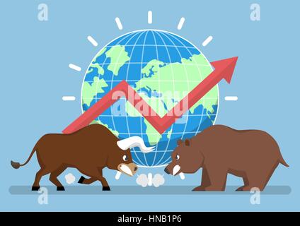 Bull and bear with world and graph in background, stock market trend concept Stock Vector
