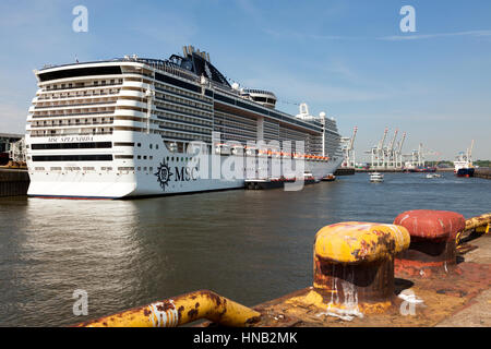 Hamburg, Germany - May 19, 2016: Cruise ship MSC Splendida at Steinwerder terminal in the port of Hamburg, where it is refueled by a supply vessel. Stock Photo