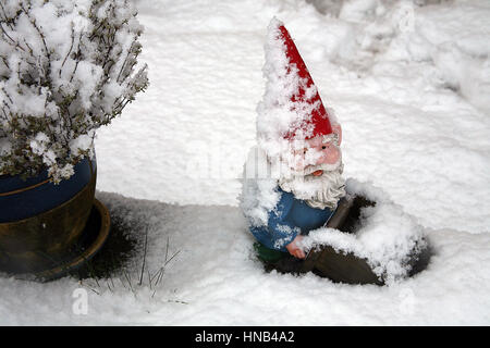 snow covered garden gnome in red pointy hat Stock Photo
