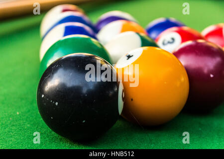 Close up of billiard balls dispsed in triangle Stock Photo