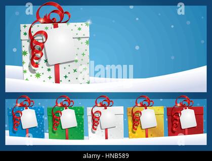 EPS v.10 Illustration of a gift-box laying in the snow with gift tag. Place your text both on the empty space beside the box as well as the blank tag  Stock Vector