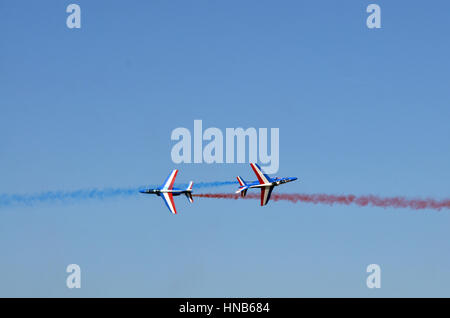 French Air Force jet patrol in flight demonstration in Toulouse Francazal. Stock Photo