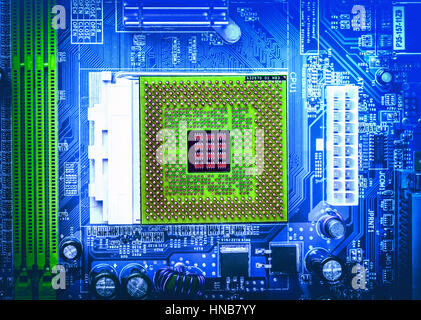 Computer motherboard electrical components, close up shot Stock Photo