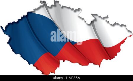 Czech map cut-out, highly detailed on the edge's shading, with a waving flags underneath. The Settle thickness on the cut-out border follows the inner Stock Vector