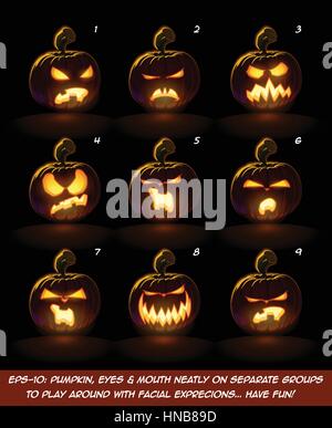 Vector icons of a lighten Jack O Lantern glowing in the dark in 9 Angry expressions. Each expression on separate Layer. Pumpkin, Eyes, Mouth, Glow and Stock Vector