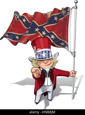 Vector Cartoon Illustration of South Uncle Sam holding a waving a American civil war South Flag (Stars and Bars), pointing 'I want you'. Flag's textur Stock Vector
