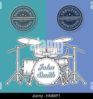 Vector Illustration of a Drum Kit and Seals for Instructors and Performers.  All element neatly on well-defined layers and groups for easy editing. Stock Vector