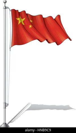 Vector Illustration of a waving Chinese flag fasten on a flag pole. Flag and pole in separate layers, line art, shading and color neatly in groups for Stock Vector