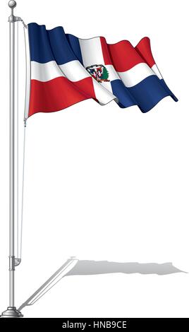 Vector Illustration of a waving Dominican flag fasten on a flag pole. Flag and pole in separate layers, line art, shading and color neatly in groups f Stock Vector