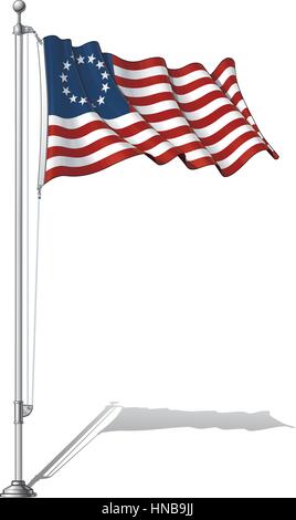 Vector Illustration of a waving US Betsy Ross flag in a clean-cut and an aged version, fasten on a flag pole.Both versions are in-place in separate gr Stock Vector