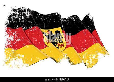 Grunge Vector Illustration of a waving German State Flag (with the eagle ensign). All elements neatly organized. Texture, Lines, Shading & Flag Colors Stock Vector