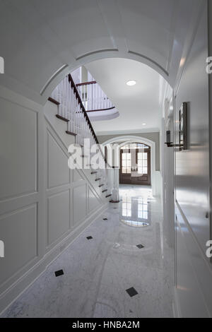 White Foyer Interior Staircase Front Door Luxurious House Stock Photo