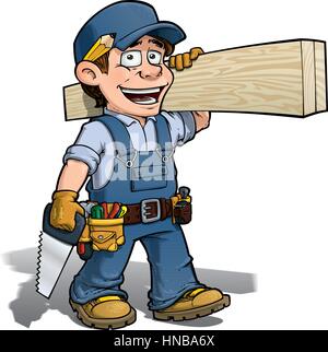 Cartoon illustration of a handyman - carpenter carrying planks of wood ...