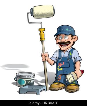 Cartoon illustration of a handyman - Painter standing by a paint bucket & a paint tray, holding a paint roller. Stock Vector