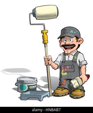 Cartoon illustration of a handyman - Painter standing by a paint bucket & a paint tray, holding a paint roller. Stock Vector