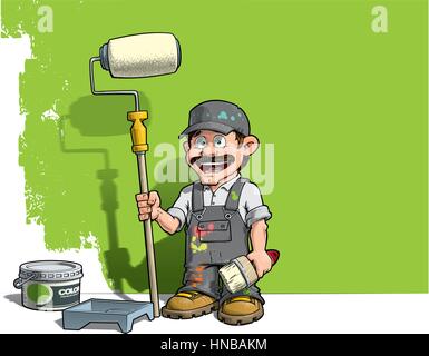 Cartoon illustration of a handyman - Painter standing by a paint bucket & a paint tray, holding a paint roller in front of a half-painted wall. Stock Vector