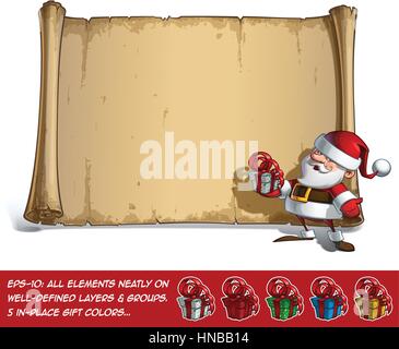 Vector Cartoon illustration of a inviting, smiling Santa Claus Celebrating Christmas, holding a gift in front of a blank aged scroll. All elements nea Stock Vector