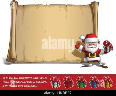 Vector Cartoon illustration of a happy smiling Santa Claus Celebrating Christmas and waving in front of a blank aged scroll with a present at his hand Stock Vector