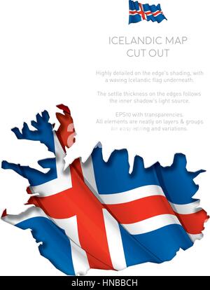 Vector Illustration of a cut out Map of Iceland with a waving Icelandic flag underneath. All elements neatly on layers and groups for easy editing and Stock Vector
