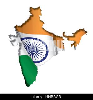 Indian map cut-out, highly detailed on the edge's shading, with a waving flags underneath. The Settle thickness on the cut-out border follows the inne Stock Vector