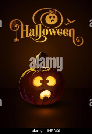 Vector illustration of a Scared jack-o-lantern glowing in the dark. Included a custom typography “Halloween” based on the old Bodoni typeface. EPS10 A Stock Vector