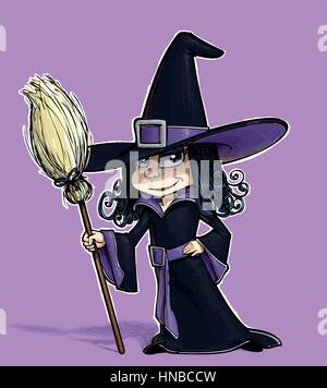 girl dressed up as a halloween witch with cauldron vector illustration ...