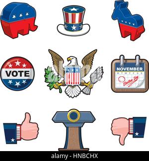 American Elections vector icon set. It includes the party symbols, Uncle Sam hat, the Bald Eagle seal, a calendar noting the Elections Day, Like & Dis