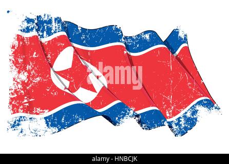 Grunge Vector Illustration of a Waving North Korean Flag. All elements neatly organized. Texture, Lines, Shading & Flag Colors on separate layers for  Stock Vector
