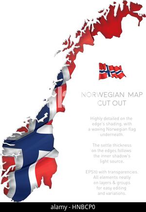 Vector Illustration of a cut out Map of Norway with a waving Norwegian flag underneath. All elements neatly on layers and groups for easy editing and  Stock Vector