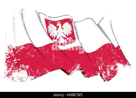 Grunge Vector Illustration of a Waving Polish State Flag (with the eagle crest). All elements neatly organized. Texture, Lines, Shading & Flag Colors  Stock Vector