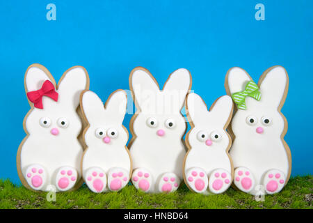 Easter Bunny Sugar Cookies homemade covered in home made marshmallow fondant, decorated with candy eyes, nose, feet and bow Large and small bunnies st Stock Photo