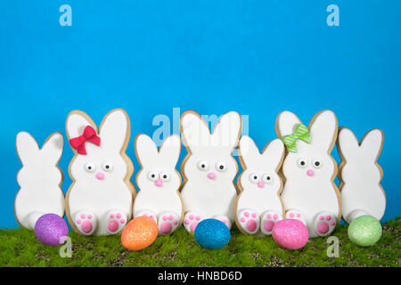 Easter Bunny Sugar Cookies homemade covered in home made marshmallow fondant, decorated with candy eyes, nose, feet and bow Large and small bunnies st Stock Photo
