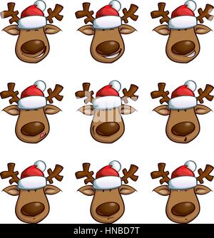 Set of cartoon illustrations of a Christmas elk in 9 expressions. Each pose on a separate layer. Face, nose, hat and each eye are separately in design Stock Vector